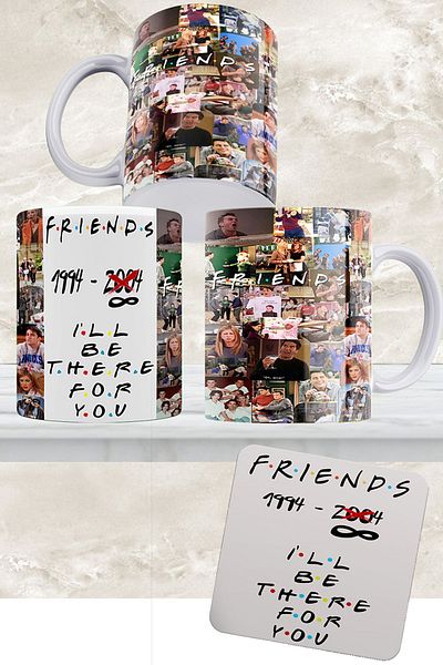 remonz Friends Series Collage 3 Sided Printed White Porcelain Mug Cup And Wooden Coaster
