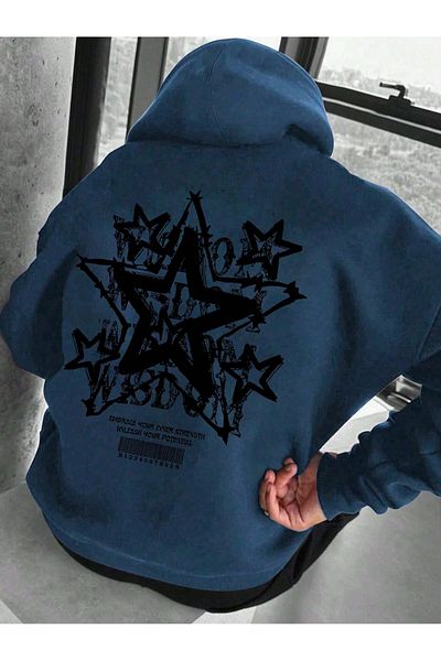 Black Sokak Navy Blue Oversize Hooded Wisdom Printed Men's Sweatshirt