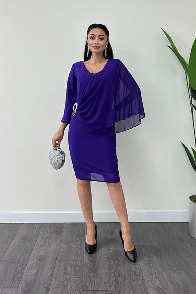 giyimmasalı Purple Atlas Fabric Chiffon Pencil Dress with Brooch Detail