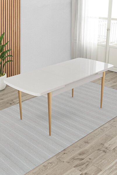 Canisa Beyaz 80x132 Açılabilir Yemek Masası Doğal Ahşap Ayak