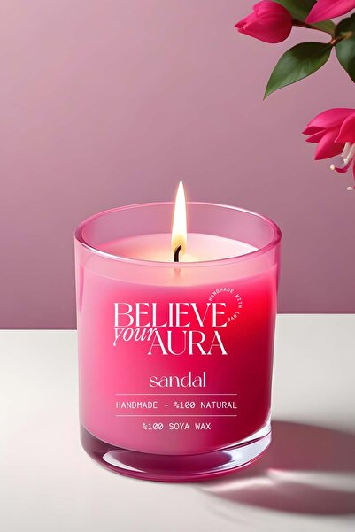 Believe Your Aura Sandal Ağacı Kokulu Mum - %100 Doğal Soya Mumu Fuşya Bardak...