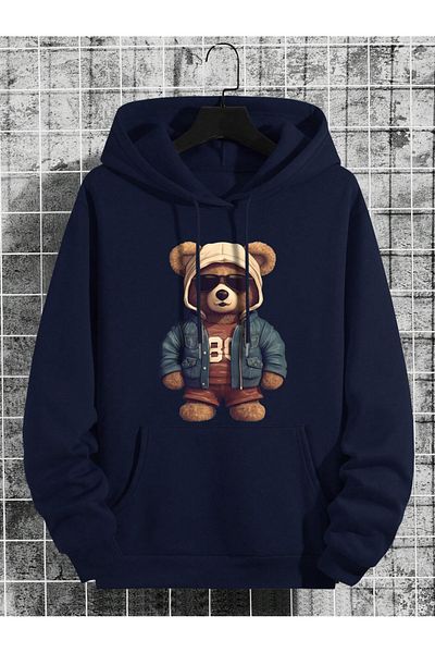 Black Sokak Navy Blue Bear 80 Printed Oversize Men's Sweatshirt - Hooded