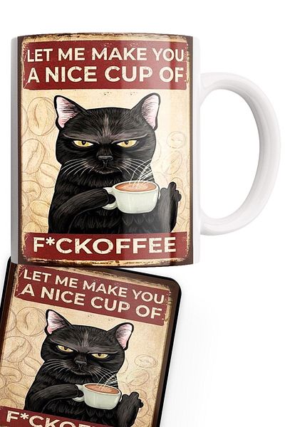 remonz Black Cat Series Double Printed Porcelain Mug with Wooden Coaster Gift