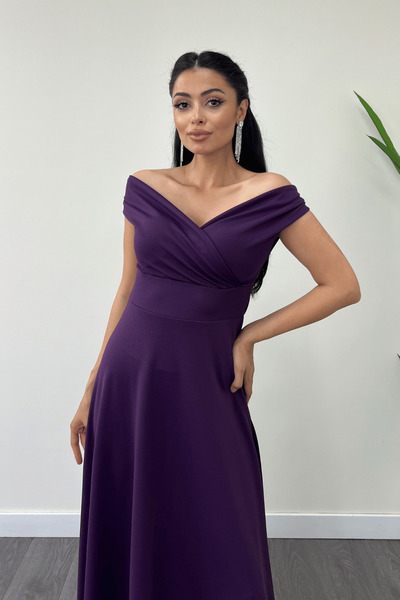 giyimmasalı Kayık Yaka Kiloş Elbise - Patlıcan Mor