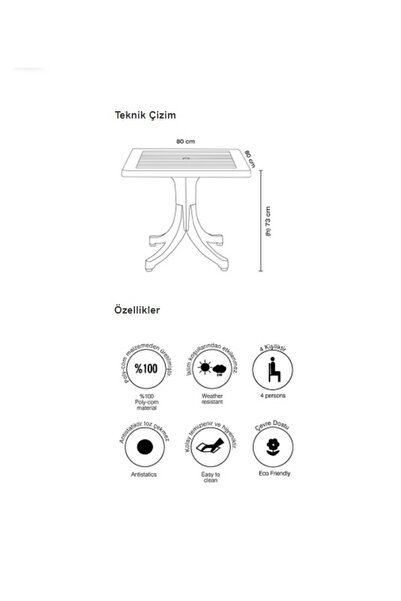 Papatya Diva Masa - Mermer Desenli / Bahçe, Balkon, Havuz, Teras Masası (80X80 cm Kare)
