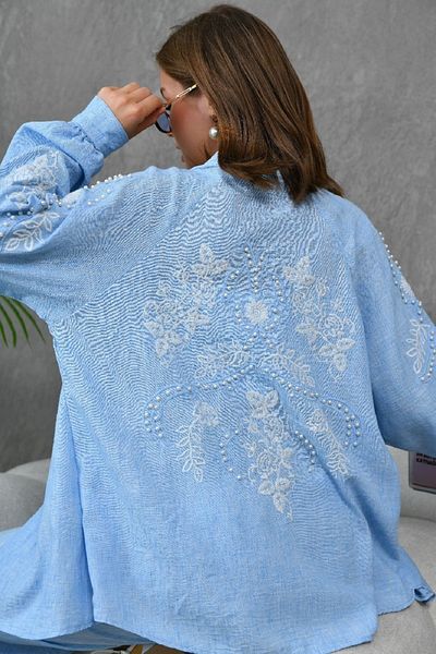 WOMAN VISION Set jachetă kimono cu mânecă lungă și pantaloni albaștri cu buzunare cu talie înaltă - 218
