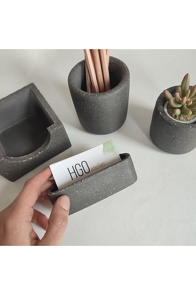 Hgo Atelier Black Concrete 4 Piece Office Set Pen Holder-Business Card Holder-Flower Pot-Note Paper Holder