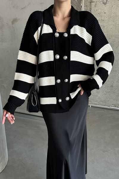 MODAGEN Black and White Knitwear Cardigan - Shirt Collar and Button Detail