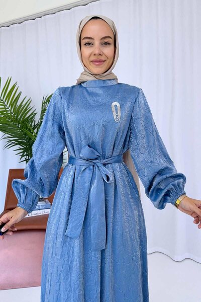 Ka Hijab Broş Detay Tesettür Elbise - Mavi