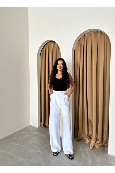 Laluvia Λευκό 100% βαμβακερό λινό παντελόνι με φαρδύ βέλκρο-3169