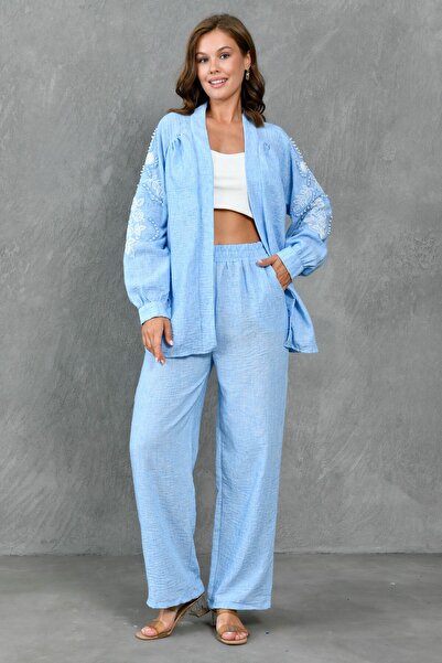 bayansepeti Set cămașă cu paiete brodate cu talie înaltă și pantaloni albaștri cu buzunare - mânecă lungă 218