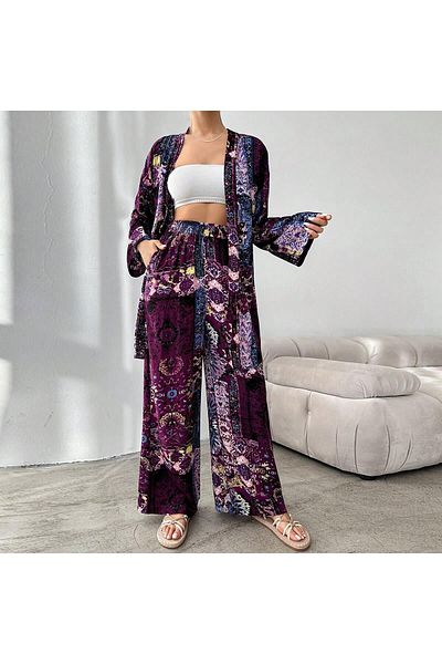 forte bella طقم بنطلون كيمونو أرجواني بنمط الكليم للسيدات