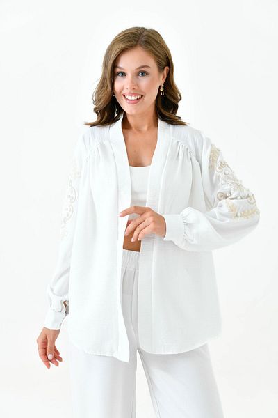 lovebox High Waist Embroidered Shirt and Wide Leg Pants Set with Pockets - Long Sleeve, Sequin Detail 221