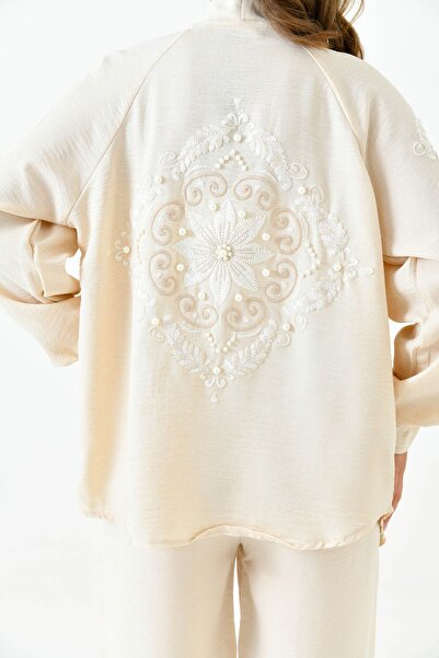 lovebox High Waist Embroidered Shirt and Wide Leg Pants Set with Pockets - Long Sleeve, Sequin Detail 221