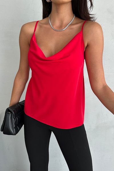 Ortaya Çık Red Degaje Collar Blouse with Adjustable Straps