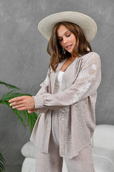 WOMAN VISION Кафяв комплект с бродирано кимоно с дълъг ръкав и джоб с висока талия 218
