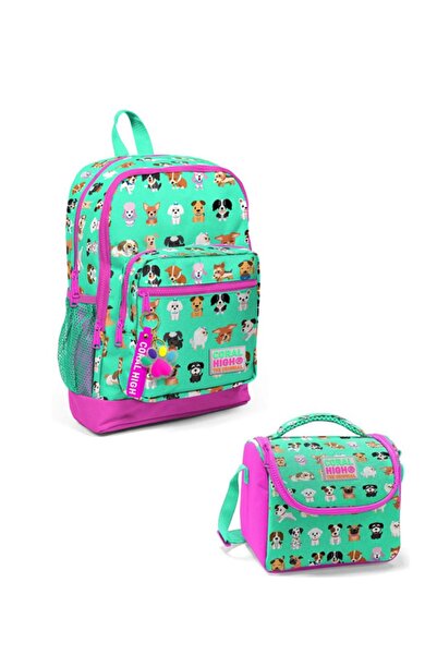 Coral High Neon Pink and Aqua Green Dog Patterned 2-Piece School Bag Set