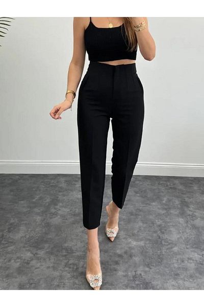 msendam Women's Model High Waist Pleated Thick Fabric Carrot Trousers-Black