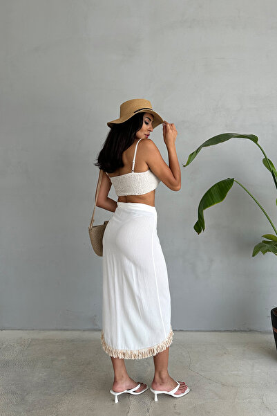 Ortaya Çık White Cotton Tassel Detailed Pareo Skirt