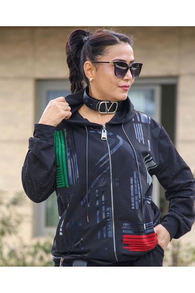 MAXLEVEL MODA Дамски костюм от две части с бродерия с цип и камъни, голям размер