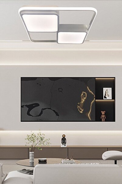 Ledmi Lighting Kare Beyaz Model Led Avize, 3 Renk Aydınlatmalı Kumandalı Dimmerli Modern Tavan Avizesi,salon Avize