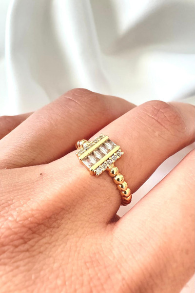 Leo'Stone Yeni Sezon Sıralı Dikdörtgen Zirkon Taşlı Boncuk Detaylı Ayarlanabilir Şık Kadın Çelik Yüzük