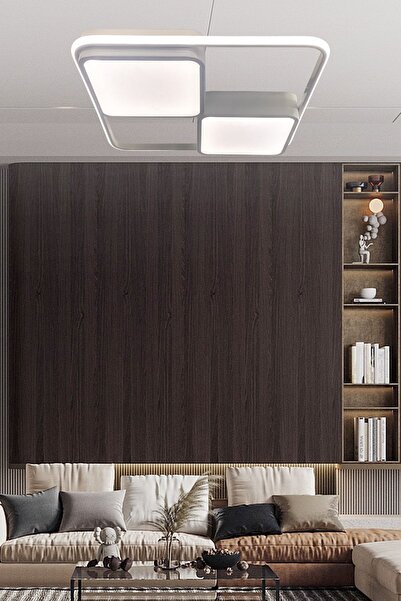 Ledmi Lighting Kare Beyaz Model Led Avize, 3 Renk Aydınlatmalı Kumandalı Dimmerli Modern Tavan Avizesi,salon Avize