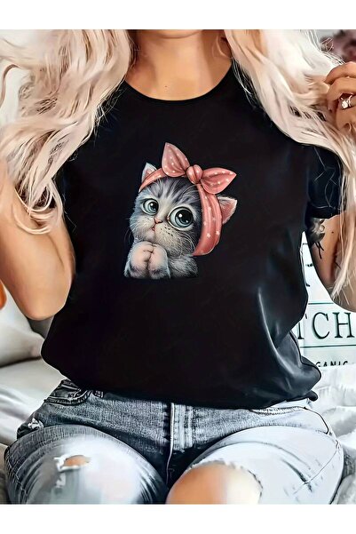 GALASHOP Cute Comfortable T-Shirt with Cat Print - Mod86