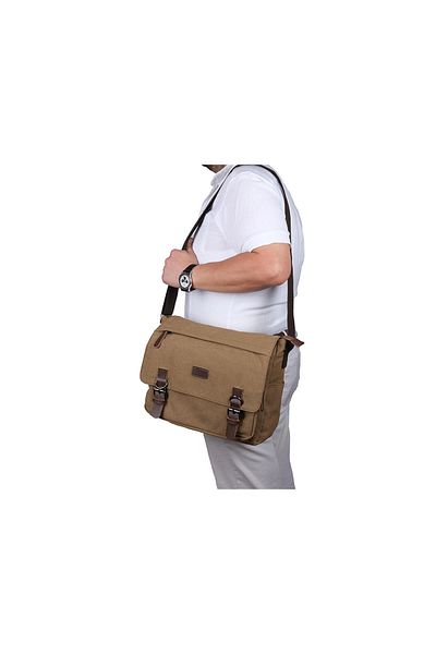 Bagacar Geantă Crossbody Unisex Bej - Pânză, Compartiment pentru Laptop