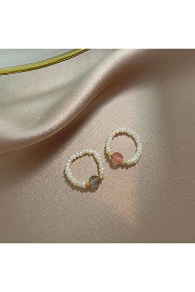 Hazeran accessories Gerçek Kum İncili Çilek Kuvars Taşlı Yüzük