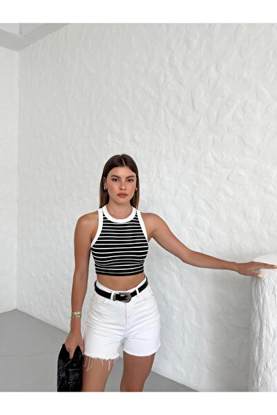 The Base Women's Eliza White Striped Crop Top