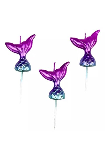 PARTİ AŞKI Deniz Kızı Kuyruğu 3 Adet Mum - Kız Çocuk Doğum Günü Partisi Deniz...