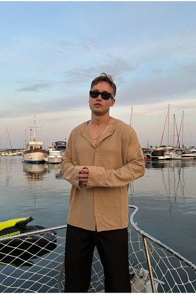 serline Oversize Linen Shirt - Basic Collarless Design