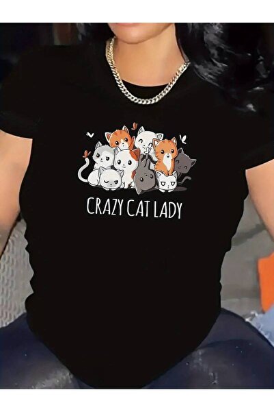 GALASHOP Cute Women's Cat Print T-Shirt - Comfortable Short Sleeve, Round Neck