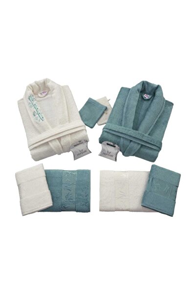 Nurpak Bamboo Alie Bornoz Seti Krem-Petrol (10 Parça)