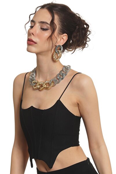 LABALABA Women's Thick Chain Form Smokey Gray & Gold Color Resin Necklace & Earrings Set
