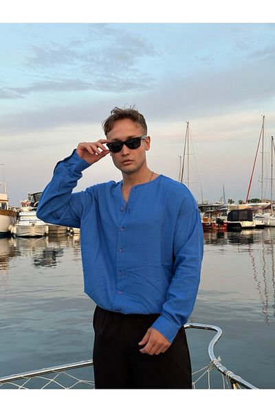serline Oversize Linen Shirt - Basic Collarless Design