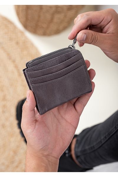 Niki Leather Γκρι Thiny Γνήσιο Δερμάτινο Πορτοφόλι Unisex Θήκη Κάρτας - Φερμουάρ