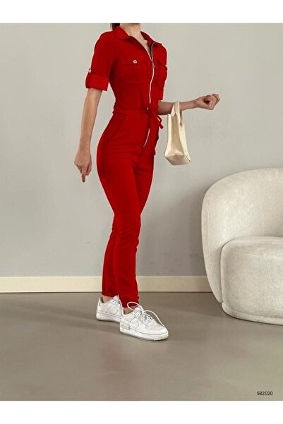 rengamoda Women's Imported Crepe Fabric Zippered Pocket Detail Belted Jumpsuit