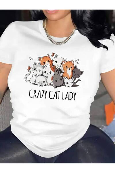 GALASHOP Cute Women's Cat Print T-Shirt - Comfortable Short Sleeve, Round Neck