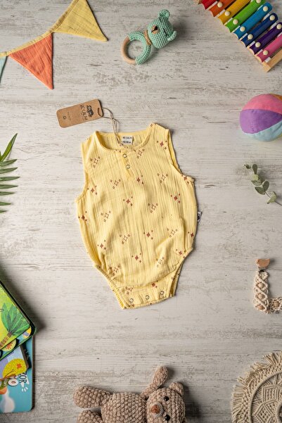 Online - Organik Müslin Bebek Body Baskılı- Uniseks - Sarı