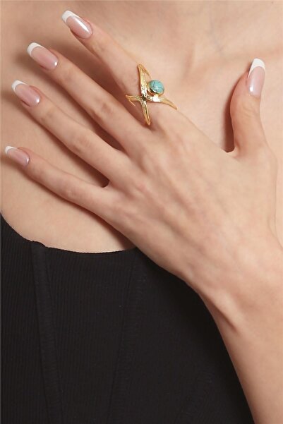 LABALABA Kadın Lak Altın Kaplama Turkuaz Doğaltaşlı Ayarlanabilir El Yapımı Yüzük