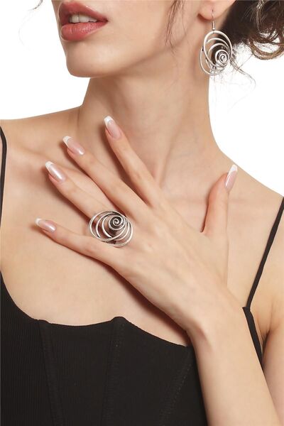 LABALABA Kadın Antik Gümüş Kaplama Sallantılı Model Gül Formlu Küpe &Yüzük Set