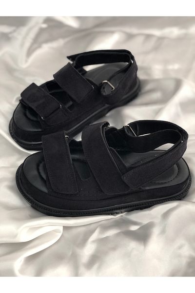 Hg Ayakkabı Sandale Bodrum din piele intoarsa neagra cu velcro inalt - HENNA