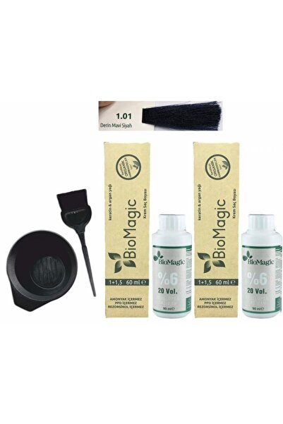 BIOMAGIC Organik Keratin+argan Yağlı Boyası1.01 D.mavi Siyah 60ml X2 Adet+oksidan 90ml+boyama Seti