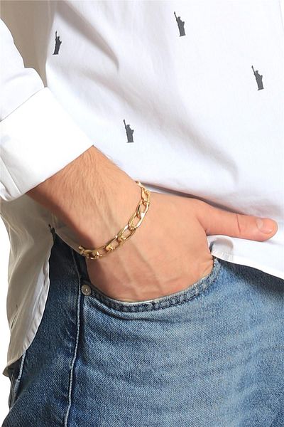 LABALABA Men's Lacquered Gold Color Plated Thick Chain Bracelet