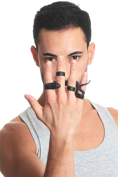 LABALABA Men's Black Oxide Plated Adjustable 4-Piece Snake Ring Set