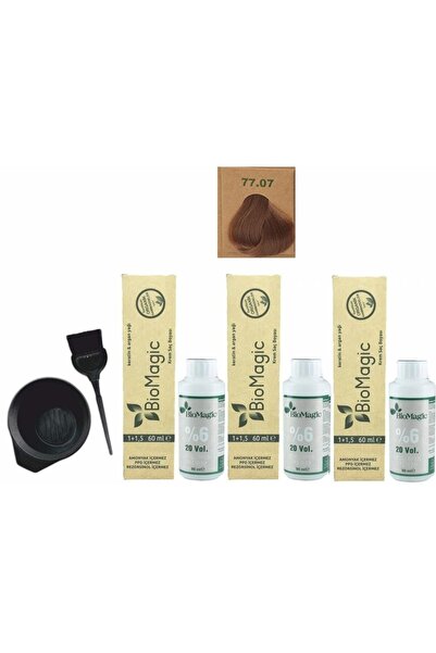 BIOMAGIC Organik Saç Boyası 77.07 Sütlü Kahve 60ml X3 Adet+oksidan 90ml+boyama Seti