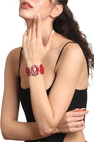 LABALABA Women's Silver Color Lacquer Plated Adjustable Open Band Red Enamel Bracelet