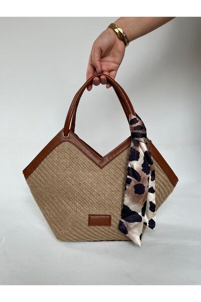 melecco New Season Jude Straw Bag with Scarf and Asymmetric Cut - Hand and Sh...